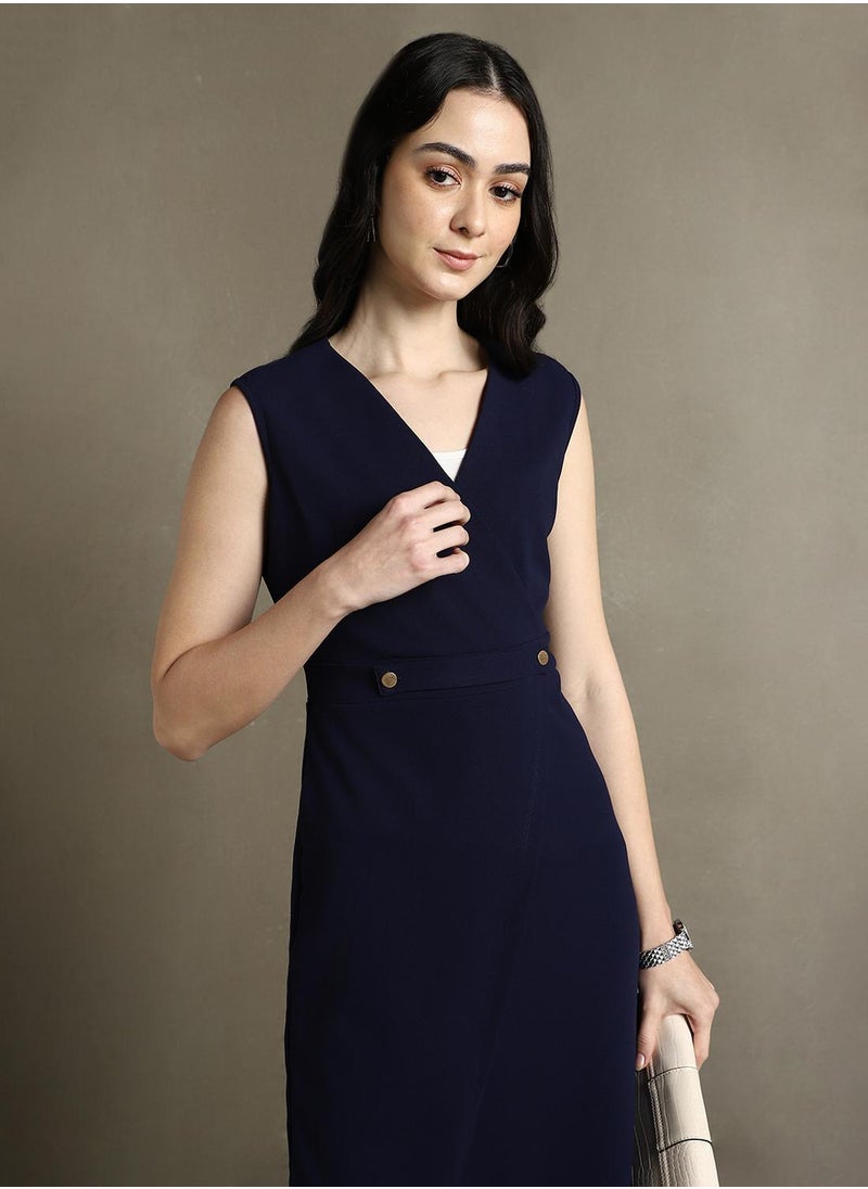 Dennis Lingo Women's Navy 100% Polyester Solid Knee Length Shift Regular Fit Dress  - Image 1