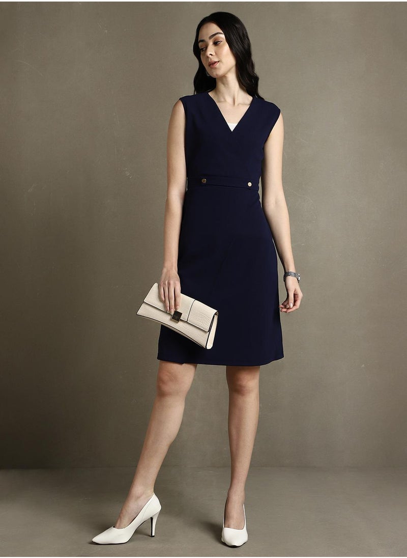 Dennis Lingo Women's Navy 100% Polyester Solid Knee Length Shift Regular Fit Dress  - Image 5