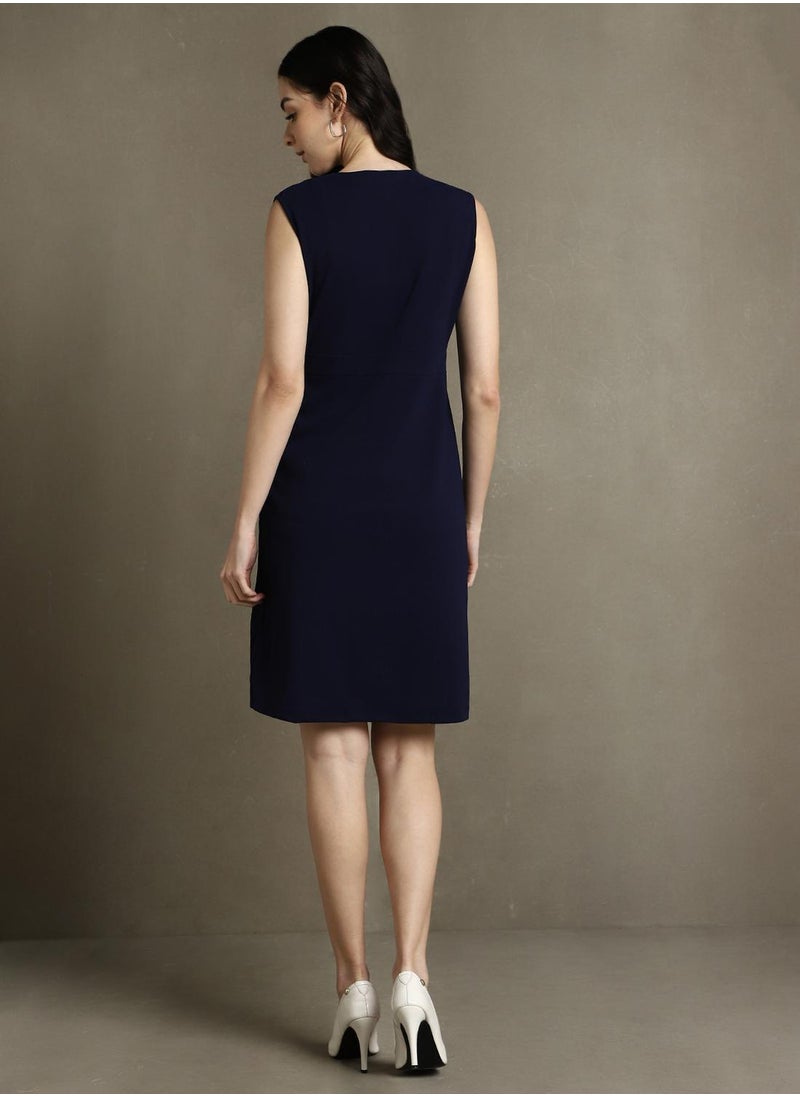 Dennis Lingo Women's Navy 100% Polyester Solid Knee Length Shift Regular Fit Dress  - Image 3