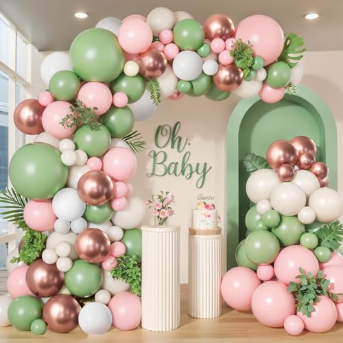PUFFLD Sage Green Pink Balloon Arch Kit 144 pcs Olive Green Pink Sand White Balloons with Rose Gold Metallic Latex Balloons for Girl Birthday Wedding Bride Shower Party Decorations - Image 1