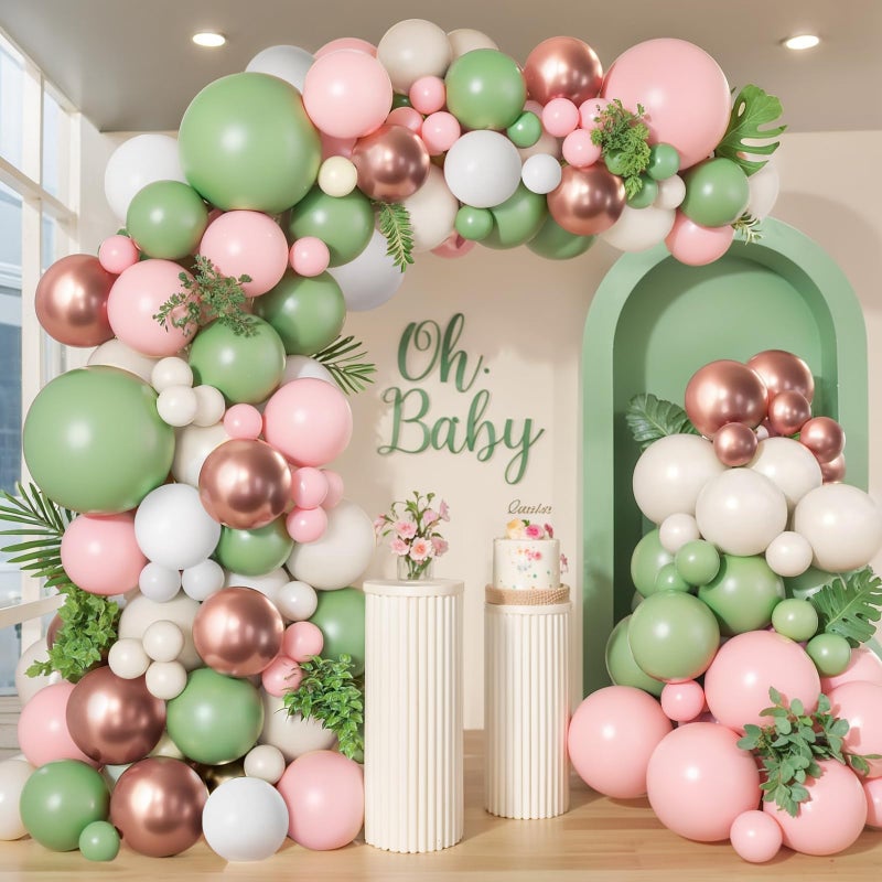 PUFFLD Sage Green Pink Balloon Arch Kit 144 pcs Olive Green Pink Sand White Balloons with Rose Gold Metallic Latex Balloons for Girl Birthday Wedding Bride Shower Party Decorations - Image 2
