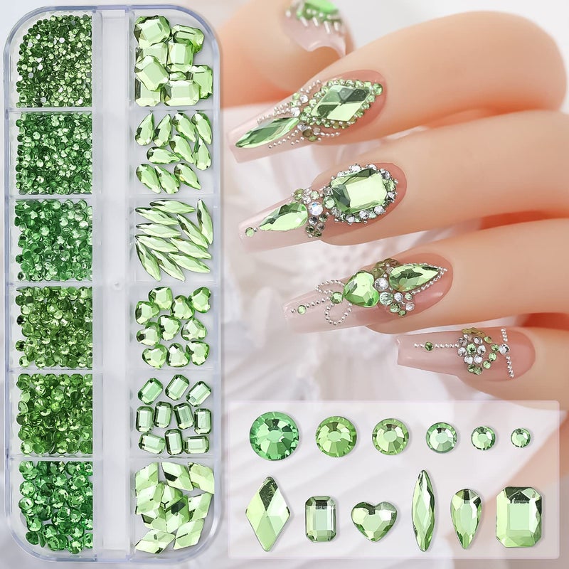 Green Nail Art Rhinestone 3D Crystal Nail Diamond Gem Flatback Rhinestones Multi Shapes Sizes Nail Design for Women Girls Manicure Charms Decorations DIY Jewelry Making Craft Supplies