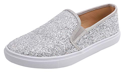 FEVERSOLE Women's Fashion Slip-On Sneaker Casual Flat Loafers Silver Pure Size 9.5 M US - Image 1
