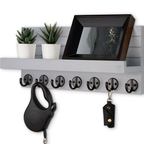 Lwenki Key Holder Wall Mount Entryway Key and Mail Holder with 7 Sturdy Hooks for Sunglasses Dog Leash Decorative Wall Shelf with Mounting Hardware 15W x 67H x 42D Gray - Image 1