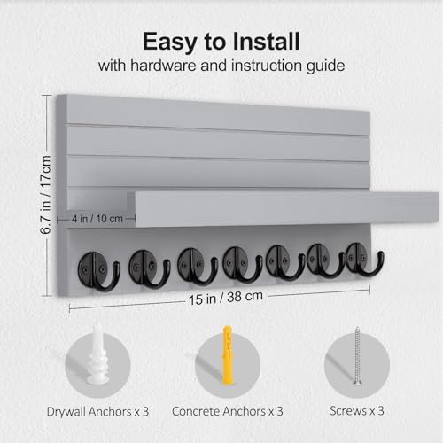 Lwenki Key Holder Wall Mount Entryway Key and Mail Holder with 7 Sturdy Hooks for Sunglasses Dog Leash Decorative Wall Shelf with Mounting Hardware 15W x 67H x 42D Gray - Image 3