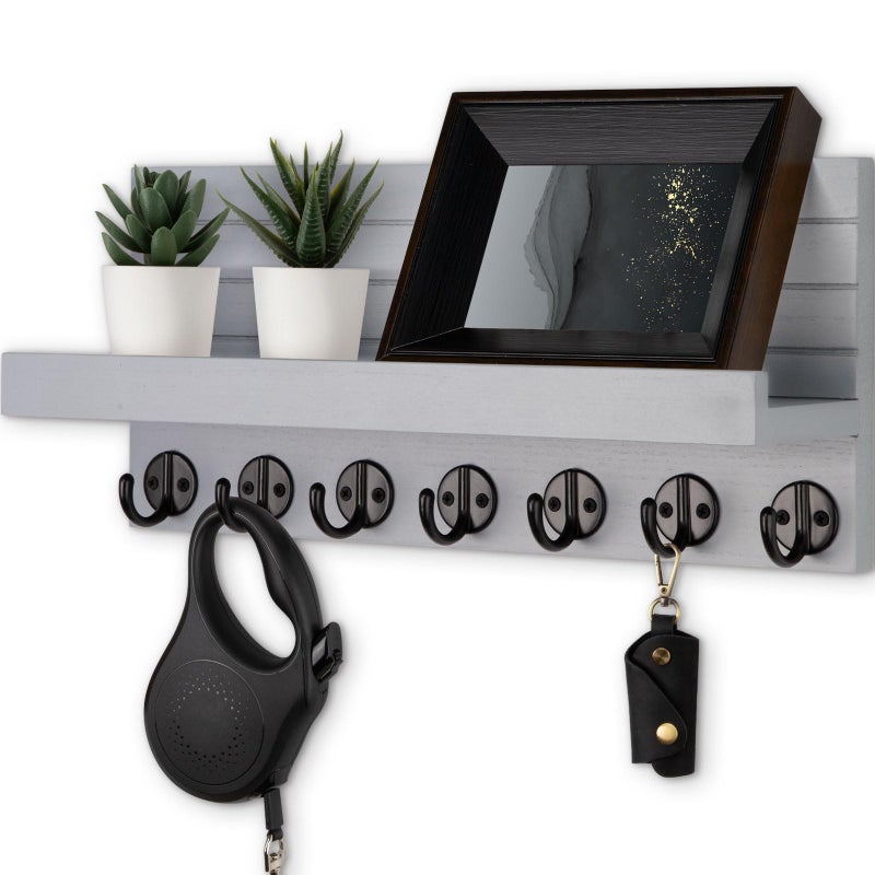 Lwenki Key Holder Wall Mount Entryway Key and Mail Holder with 7 Sturdy Hooks for Sunglasses Dog Leash Decorative Wall Shelf with Mounting Hardware 15W x 67H x 42D Gray - Image 2