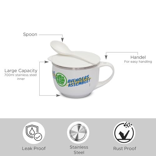 Jaypee Plus Stainless Steel Disney Printed Souptok Prime Soup Bowl With Lid & Spoon Maggi Bowl Noodles Pasta, Best Diwali Gift, Birthday Gift For Girls And Boys, Avengers Assemble ,700 Ml - Image 2