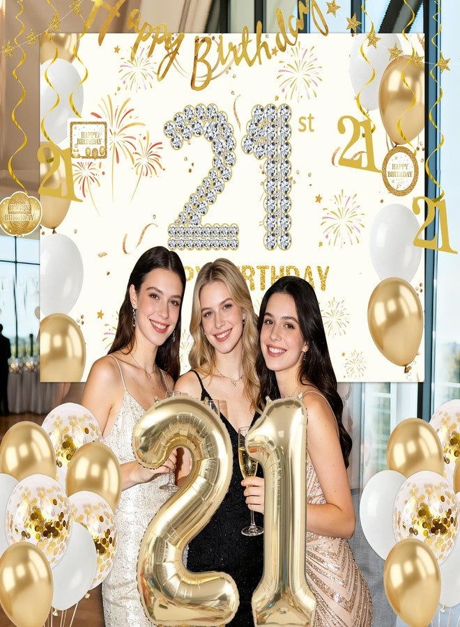 Purtarly 21st Birthday Decorations for Women Girls, Gold and White Happy 21st Birthday Decorations for Her 21 Year Old Birthday Banner Backdrop, Number 21 Balloons, Hanging Swirls 21 Bday Party Decor - Image 4