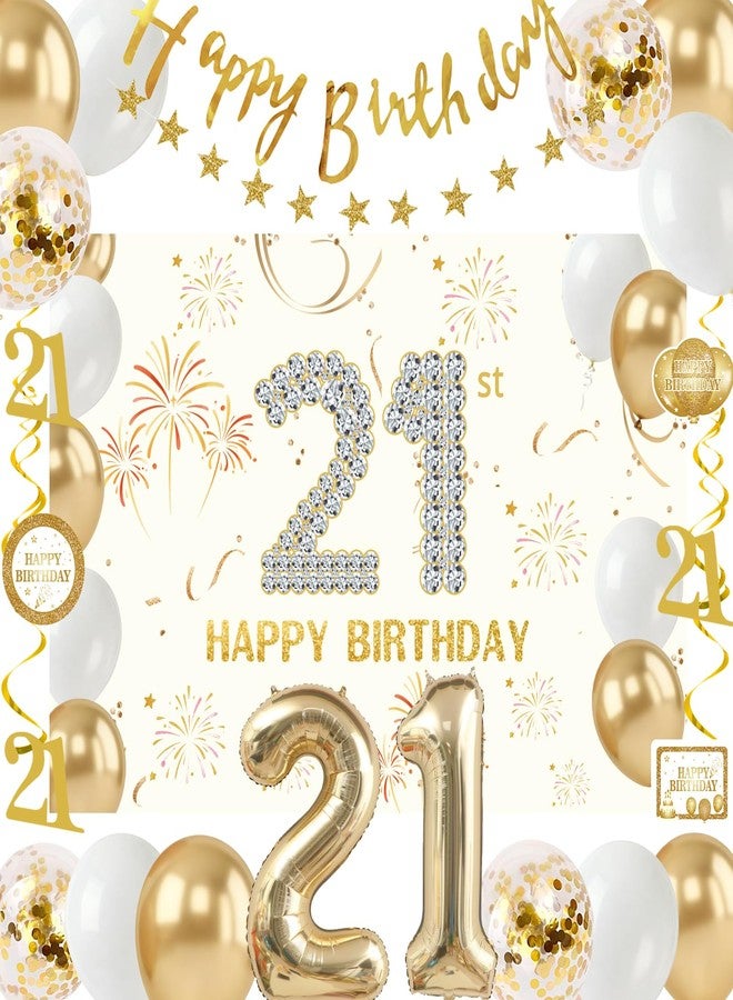 Purtarly 21st Birthday Decorations for Women Girls, Gold and White Happy 21st Birthday Decorations for Her 21 Year Old Birthday Banner Backdrop, Number 21 Balloons, Hanging Swirls 21 Bday Party Decor - Image 1