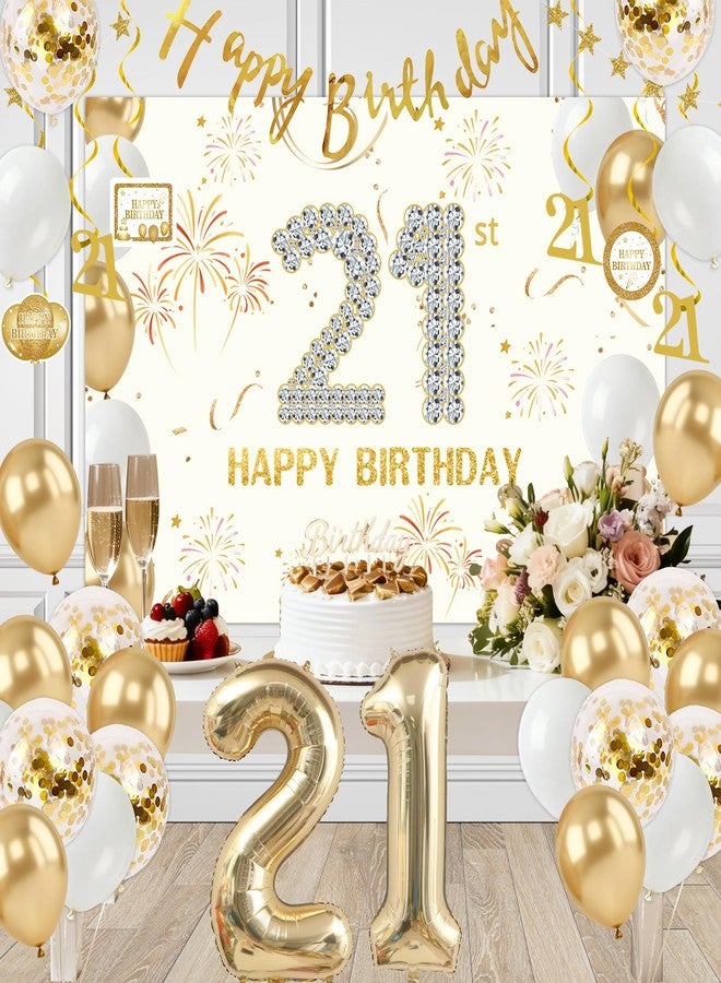 Purtarly 21st Birthday Decorations for Women Girls, Gold and White Happy 21st Birthday Decorations for Her 21 Year Old Birthday Banner Backdrop, Number 21 Balloons, Hanging Swirls 21 Bday Party Decor - Image 2
