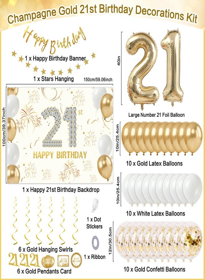 Purtarly 21st Birthday Decorations for Women Girls, Gold and White Happy 21st Birthday Decorations for Her 21 Year Old Birthday Banner Backdrop, Number 21 Balloons, Hanging Swirls 21 Bday Party Decor - Image 3