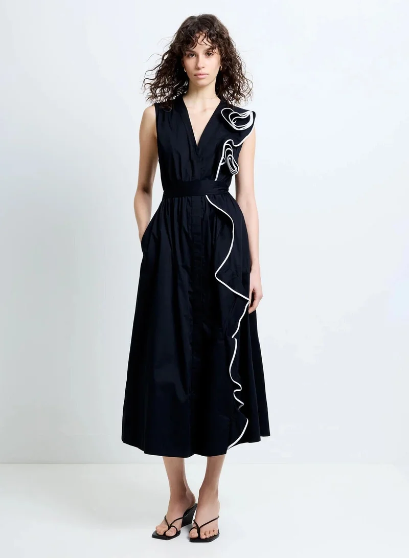 French Connection Women's Black/Linen White Alexis Poplin Corsage Dress