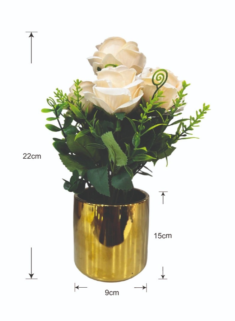 BABAZAM Decorative Artificial Flowers Potted in Metal Pot Lifelike Blooms for Home Office Living Room Décor and Gifting Beige (22x15x9cm)  - Image 1