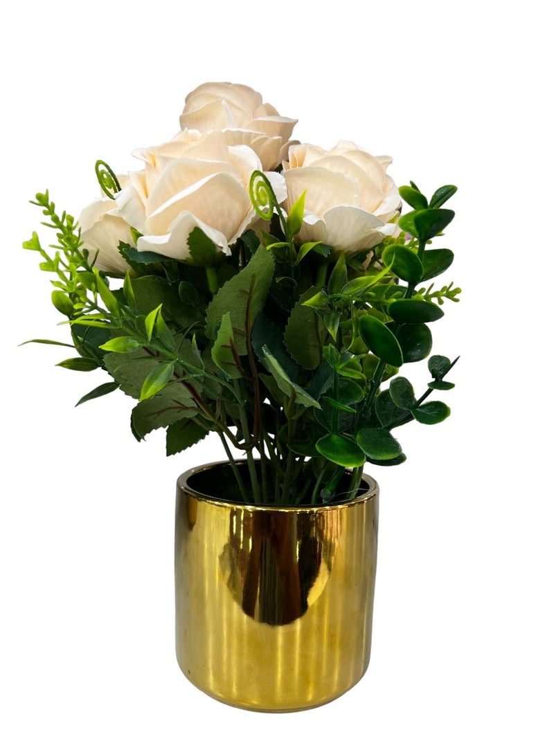 BABAZAM Decorative Artificial Flowers Potted in Metal Pot Lifelike Blooms for Home Office Living Room Décor and Gifting Beige (22x15x9cm)  - Image 2