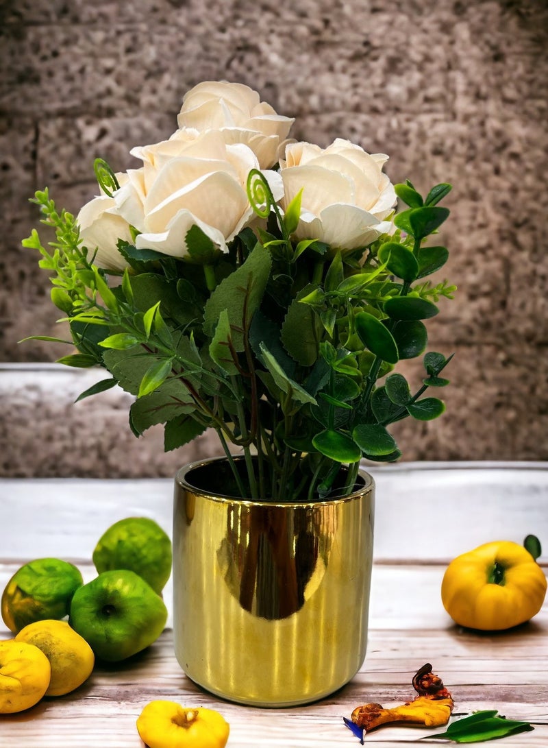 BABAZAM Decorative Artificial Flowers Potted in Metal Pot Lifelike Blooms for Home Office Living Room Décor and Gifting Beige (22x15x9cm)  - Image 3