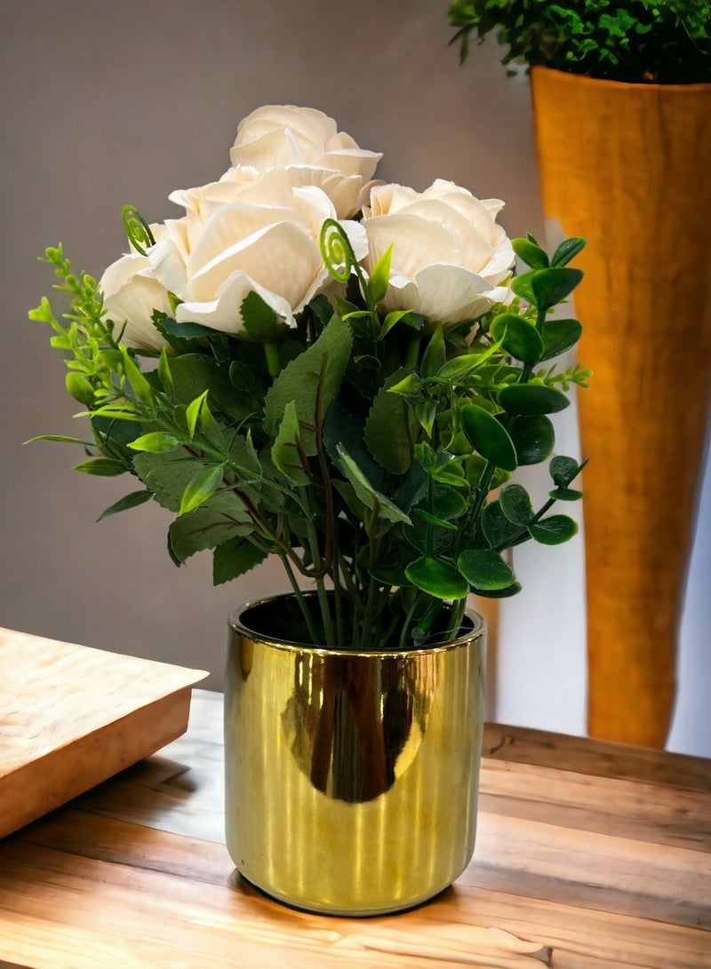 BABAZAM Decorative Artificial Flowers Potted in Metal Pot Lifelike Blooms for Home Office Living Room Décor and Gifting Beige (22x15x9cm)  - Image 4