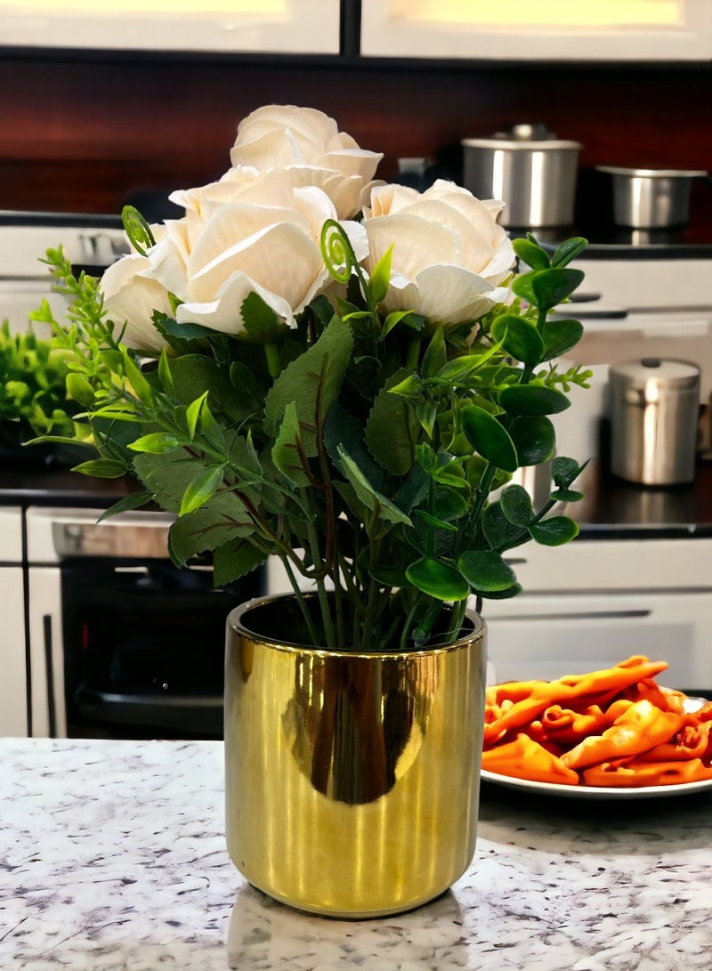 BABAZAM Decorative Artificial Flowers Potted in Metal Pot Lifelike Blooms for Home Office Living Room Décor and Gifting Beige (22x15x9cm)  - Image 5