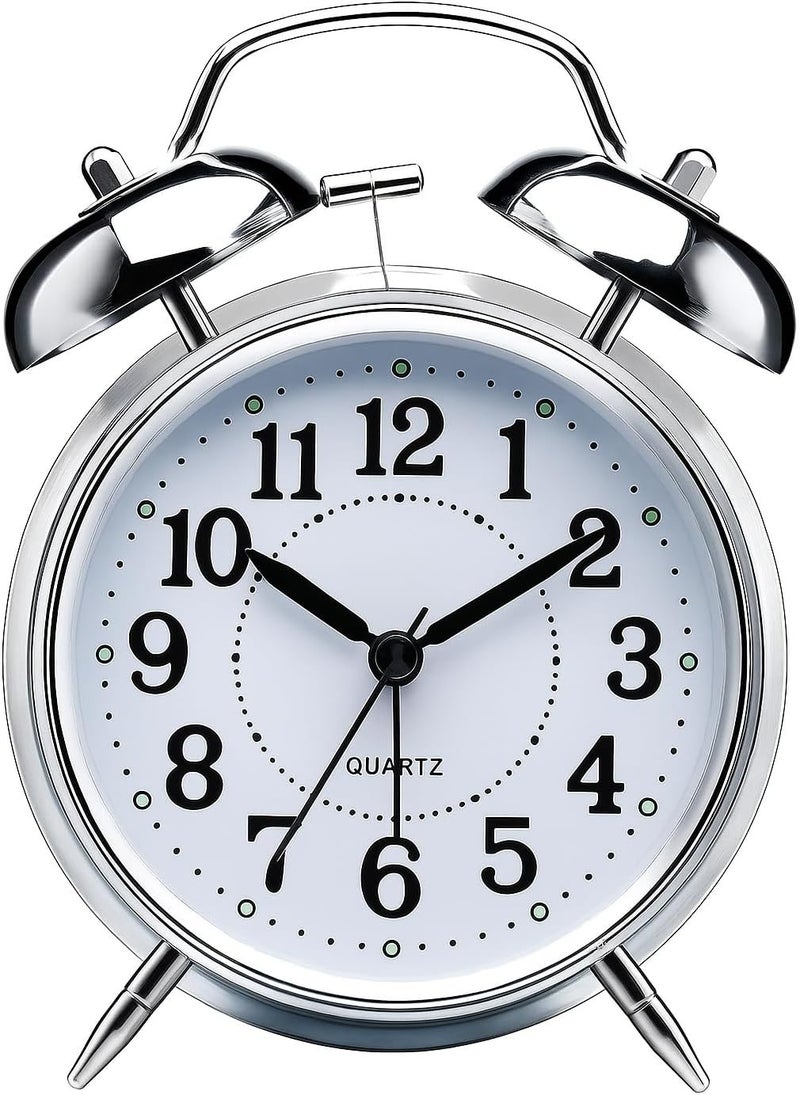 CBK Table Clock Retro Twin Bell Metal Frame Alarm Clock with Night Backlight Function & Silent Motion, High Volume Bedside Luminous Alarm for Bedroom/Office (Silver Clock) - Image 1