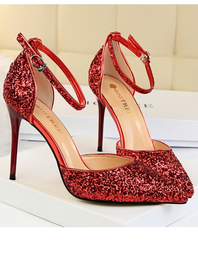 بيج تري Women's Sequin Closed Pointed Toe 9.5 CM High Heels Ankle Strap Stiletto Pumps Red - Image 2