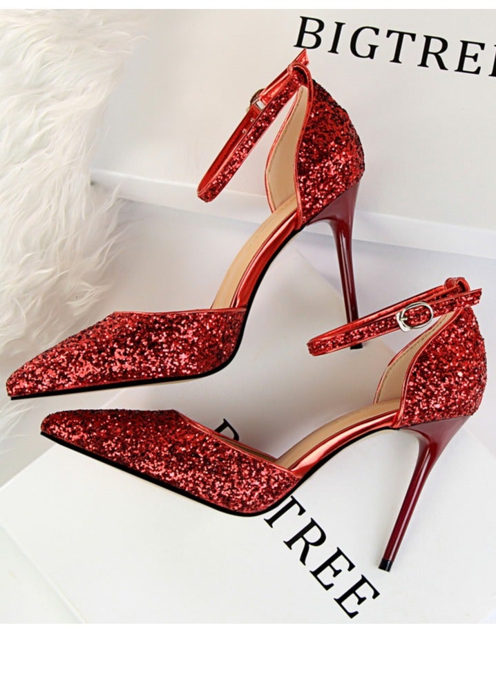 بيج تري Women's Sequin Closed Pointed Toe 9.5 CM High Heels Ankle Strap Stiletto Pumps Red - Image 3