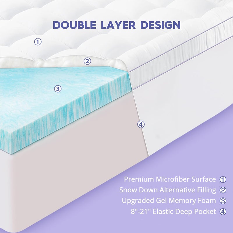 ABENE Full Size Dual Layer 3 Inch Memory Foam Mattress Topper, 2 Inch Gel Memory Foam Plus 1 Inch Down Alternative Pillowtop Mattress Pad Cover, Thick Soft Bed Topper Support for Back Pain - Image 2