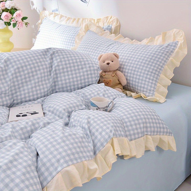 Summer New Pink Checkered And Cream Lace Cute Style Machine Washable - 3pcs Duvet Cover Set Including 1pc Duvet Cover And 2pcs Pillowcases - Breathable And Easy to Clean, Duvet Insert And Pillow Inserts Not Included - Image 1
