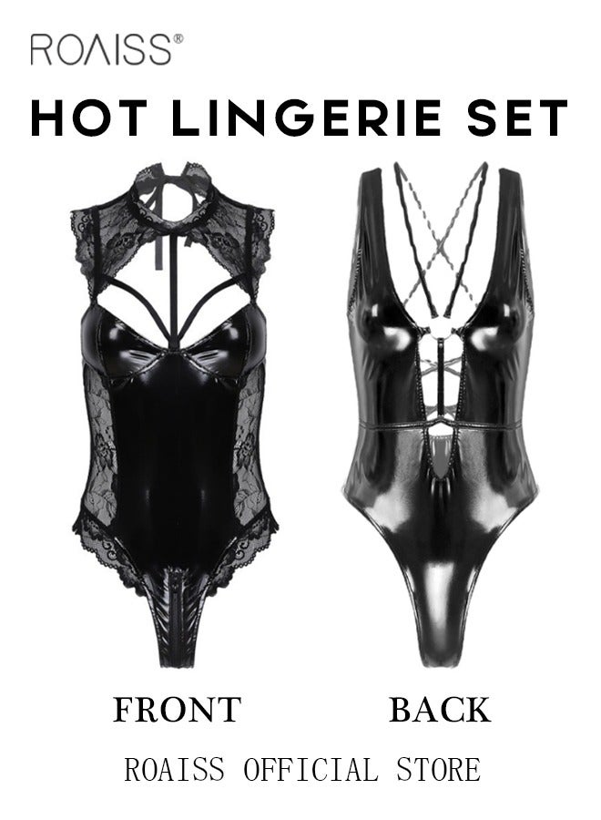 roaiss 2-Piece One Piece Lace Patent Leather Cut-Out Jumpsuit Tight Design Nightwear  - Image 1