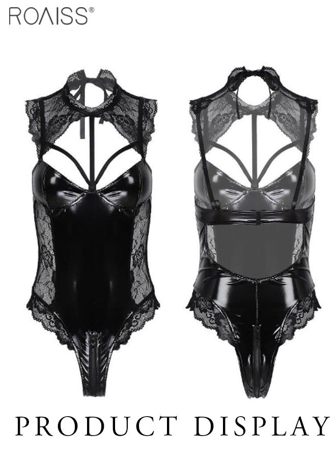 roaiss 2-Piece One Piece Lace Patent Leather Cut-Out Jumpsuit Tight Design Nightwear  - Image 2