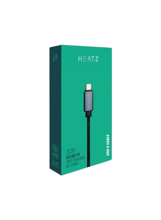 هيتز كابل HEATZ ZC35 من USB إلى Type C | شاحن سريع الشحن بقوة 3 أمبير، مصنوع من النايلون المضفر | سلك نقل بيانات عالي السرعة | كابل متين للهواتف الذكية والأجهزة اللوحية التي تعمل بنظام Android وبنوك الطاقة - Image 2