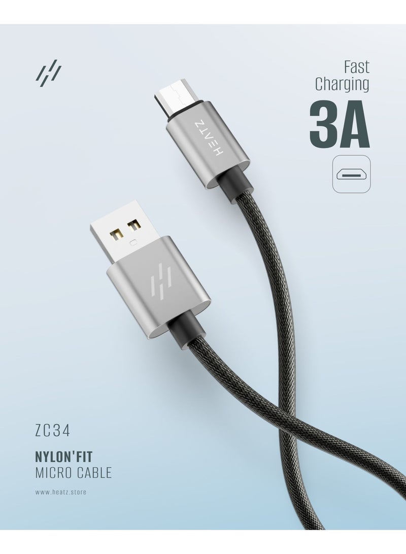 هيتز كابل HEATZ ZC35 من USB إلى Type C | شاحن سريع الشحن بقوة 3 أمبير، مصنوع من النايلون المضفر | سلك نقل بيانات عالي السرعة | كابل متين للهواتف الذكية والأجهزة اللوحية التي تعمل بنظام Android وبنوك الطاقة - Image 3
