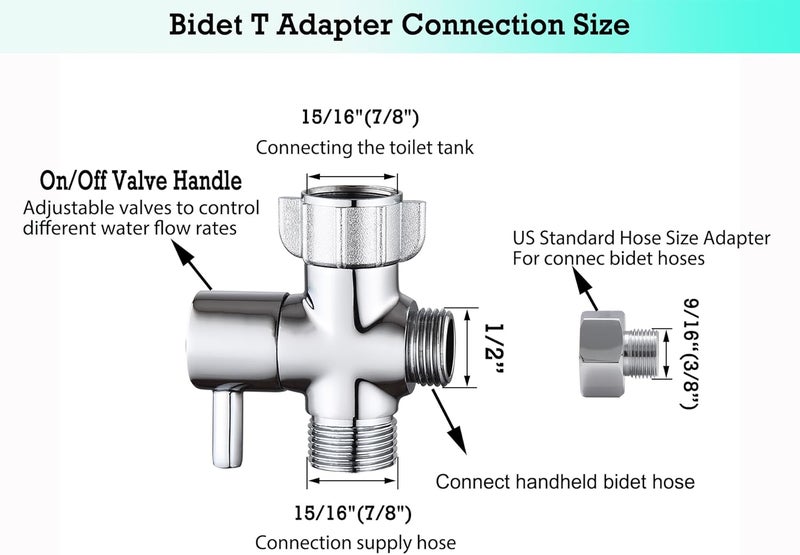 walkinginrain Bidet T Adapter With Shut off Valve,3 Way T Valve for Bidet, Metal T Adapter for Handheld Toilet, 7/8"×7/8"×1/2" or 3/8" - Image 2