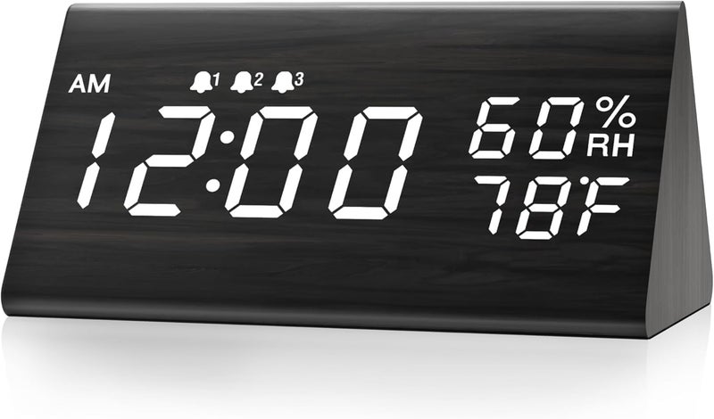 Jall Digital Alarm Clock, with Wooden Electronic LED Time Display, 3 Alarm Settings, Humidity & Temperature Detect, Wood Made Electric Clocks for Bedroom, Bedside, Black - Image 1