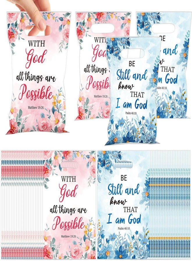 EoBeCy 50 Pcs Religious Scripture Gift Bags, Floral Christian Plastic Treat Bags with Handles, Bible Verse Goody Bags for Church Events, Sunday School, Baptism - Image 1