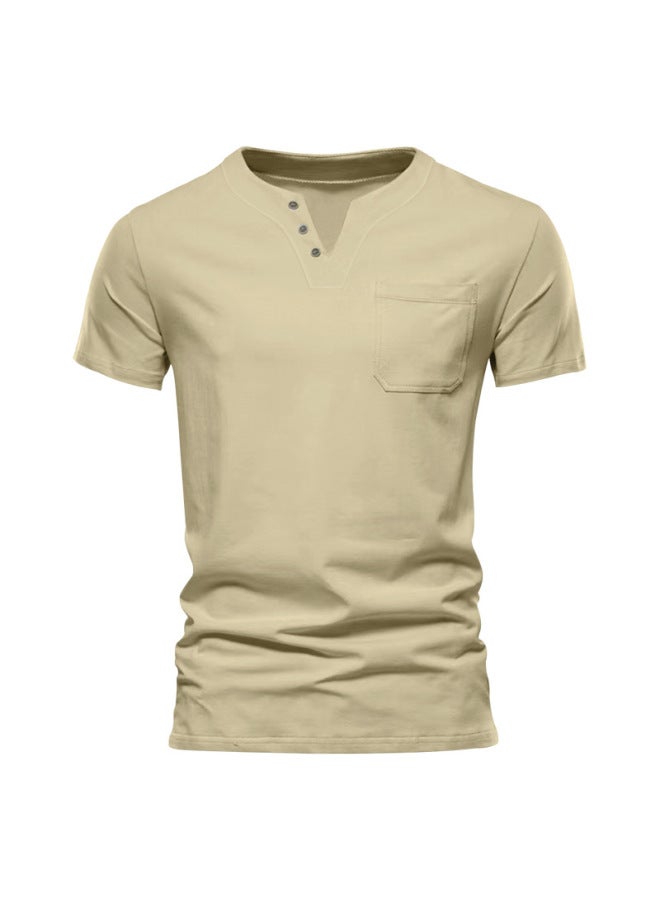 European And American Men's Summer Thin V-neck Solid Color Pocket Casual Breathable Big Size Short Sleeve T-shirt Men