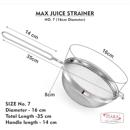 TIARA - MAX Juice Strainer No7 Diameter 16cm Soup Strainer Steel Liquid Filter Food Grade Mesh, Sieve for Kitchen, channi,Rice Strainer, Fruit Strainer (35L x 16W x 8H cm, Silver) - Image 2