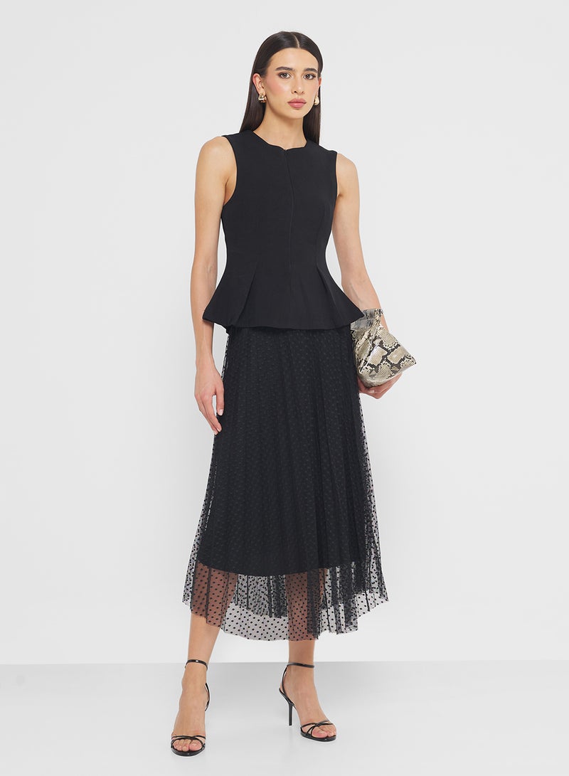 FYOR Black Pleated Maxi Skirt with Sheer Polka Dot Overlay - Image 4