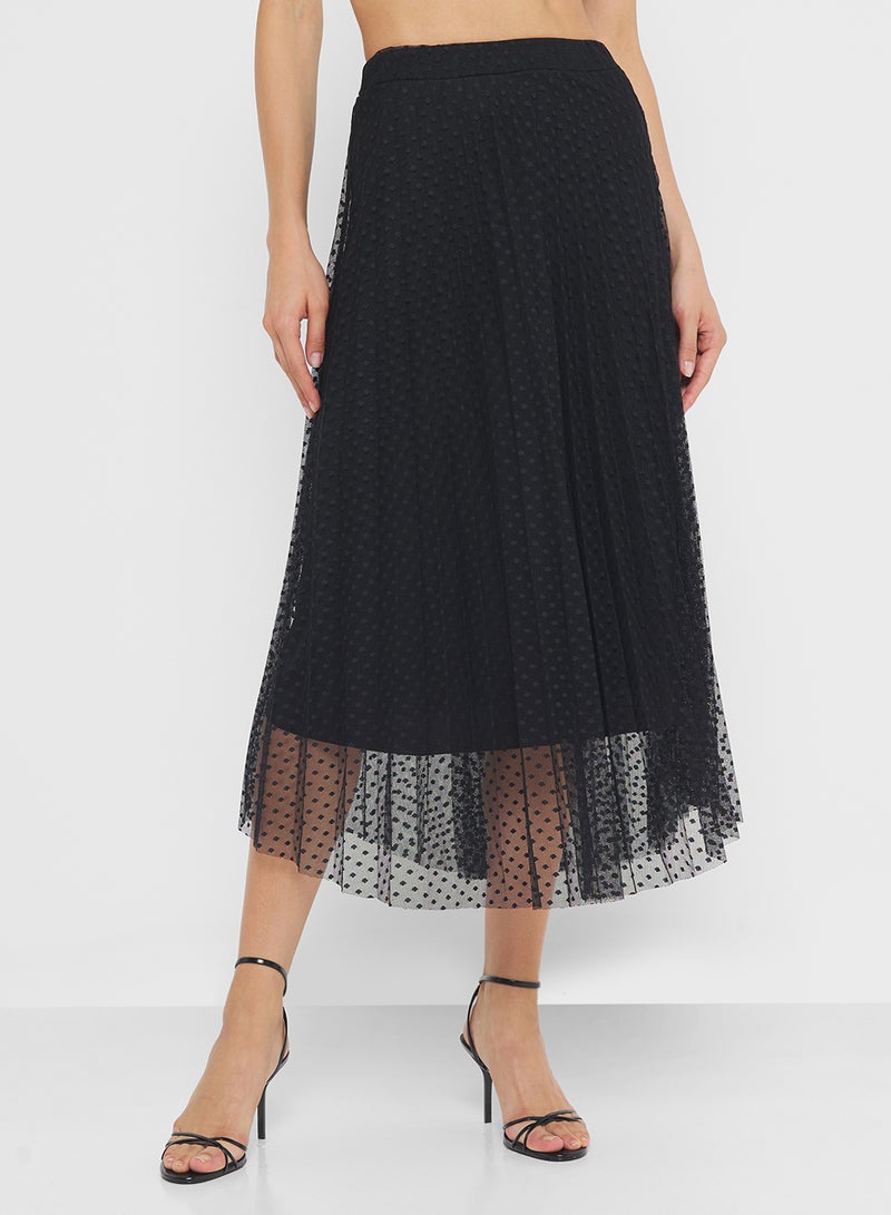 FYOR Black Pleated Maxi Skirt with Sheer Polka Dot Overlay - Image 1