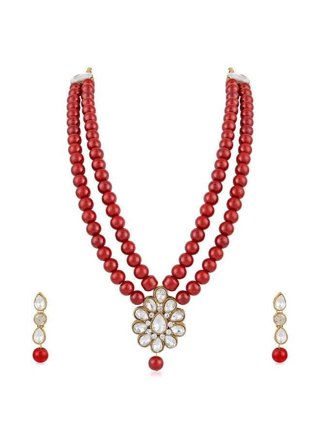 Aheli Wedding Party Faux Kundan Pendant Beads Necklace Earrings Set Bollywood Party Indian Jewelry For Women (Maroon)  - Image 1