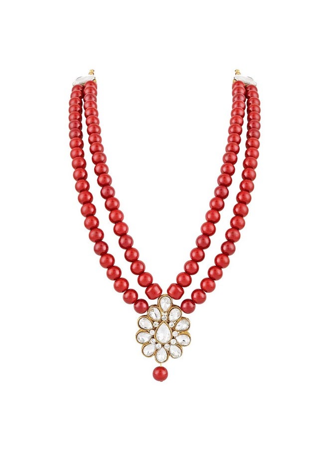 Aheli Wedding Party Faux Kundan Pendant Beads Necklace Earrings Set Bollywood Party Indian Jewelry For Women (Maroon)  - Image 2