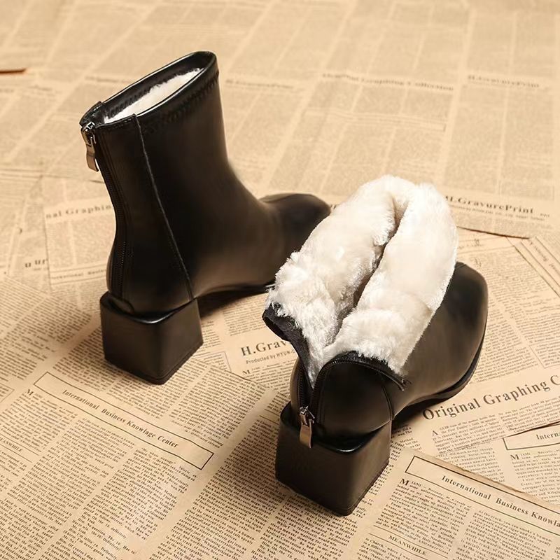 True Soft Leather Boots Womens Winter fleece-lined Square Head Thick Heel High Heel Warm Short Boots Womens 2024 Autumn and Winter New Thin Boots Black plus velvet