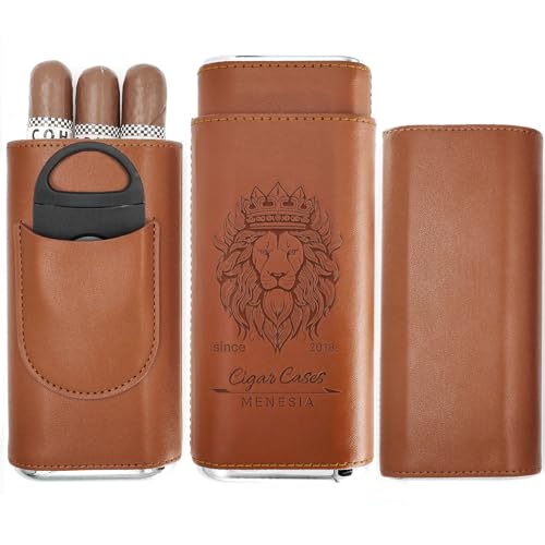 menesia Brown Cigar Case with Cutter - Portable Leather Travel Cigar Holder and Pouch Kit for Men - Image 1