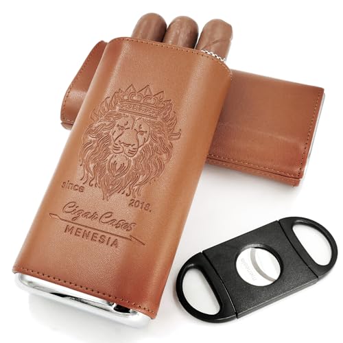 menesia Brown Cigar Case with Cutter - Portable Leather Travel Cigar Holder and Pouch Kit for Men - Image 2