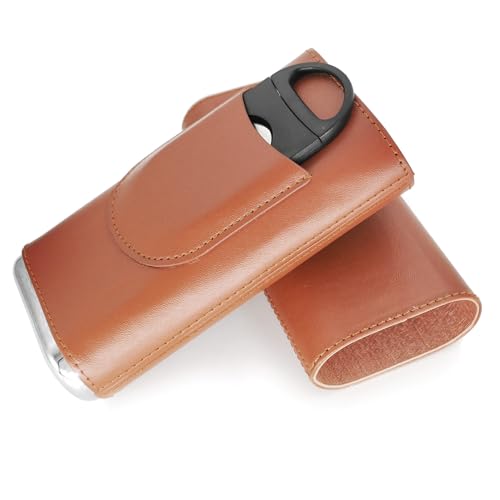 menesia Brown Cigar Case with Cutter - Portable Leather Travel Cigar Holder and Pouch Kit for Men - Image 3