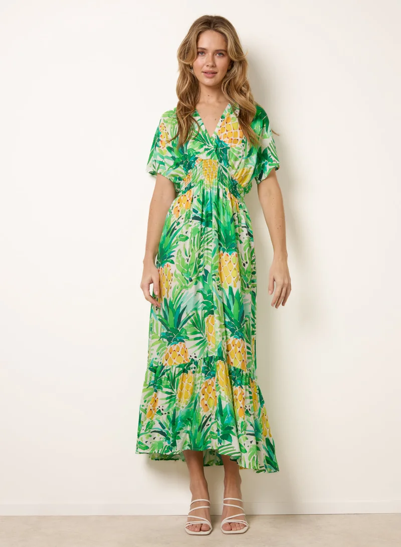 Blue Vanilla Pineapple Double V Midi Dress