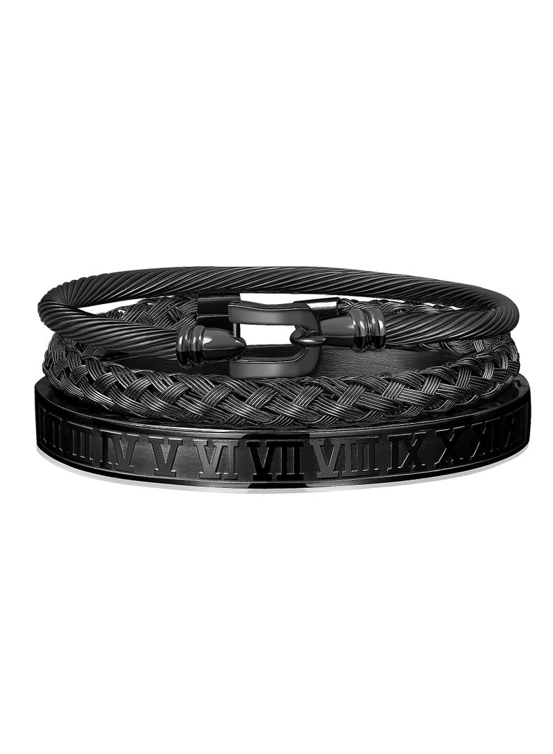 3PCS Stainless Steel Bracelet Set for Men, Includes Roman Numeral Bangle, Twisted Cable, Adjustable Cuff, Durable, Hypoallergenic, Ideal for Gifting,  for Formal and Casual Outfits (Black-Hook)  - Image 1