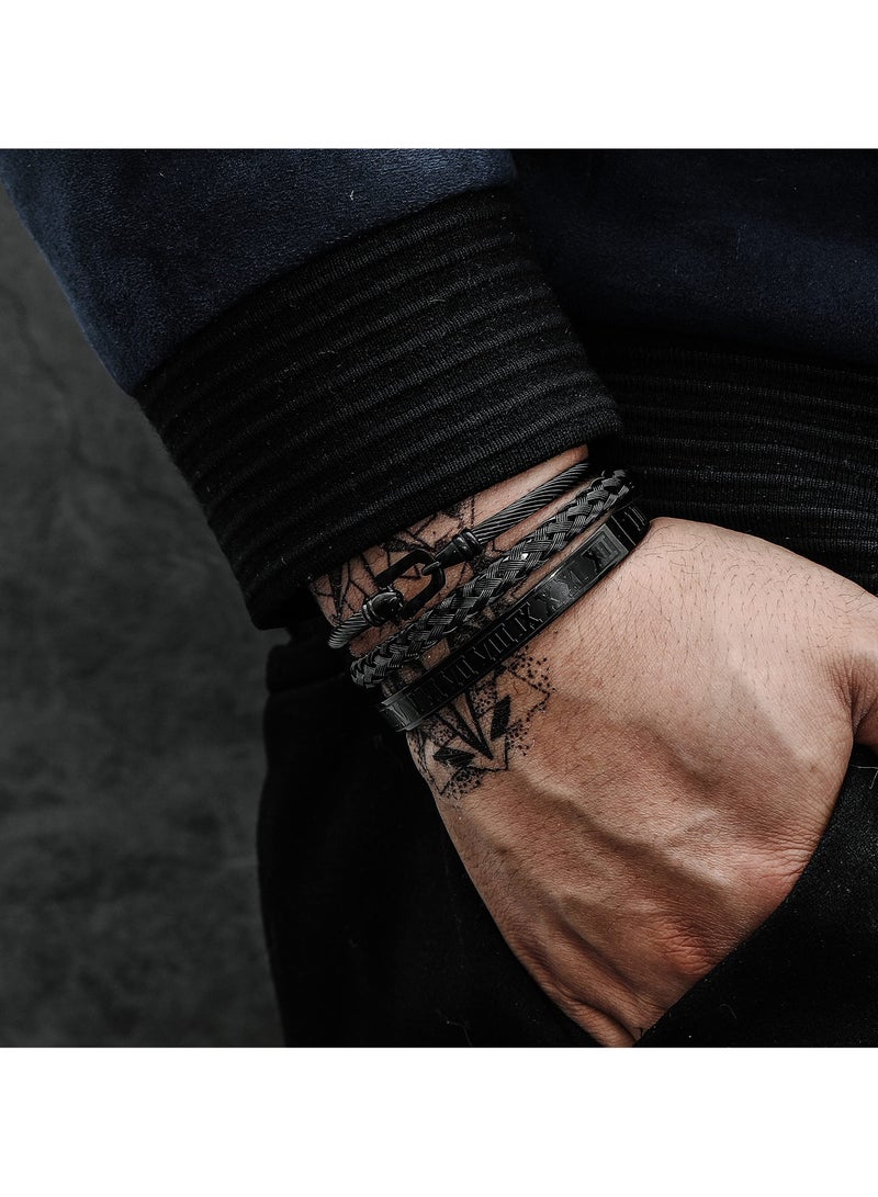 3PCS Stainless Steel Bracelet Set for Men, Includes Roman Numeral Bangle, Twisted Cable, Adjustable Cuff, Durable, Hypoallergenic, Ideal for Gifting,  for Formal and Casual Outfits (Black-Hook)  - Image 2
