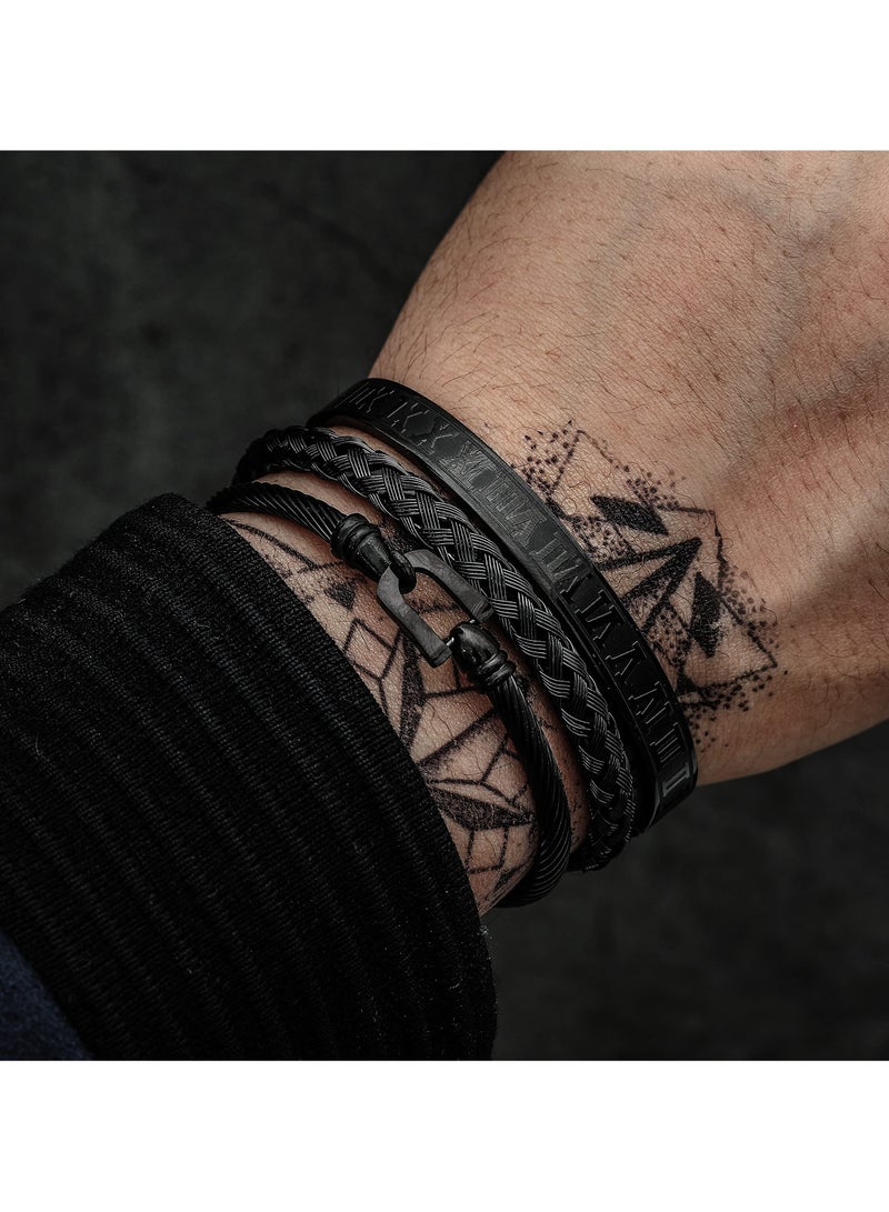 3PCS Stainless Steel Bracelet Set for Men, Includes Roman Numeral Bangle, Twisted Cable, Adjustable Cuff, Durable, Hypoallergenic, Ideal for Gifting,  for Formal and Casual Outfits (Black-Hook)  - Image 3