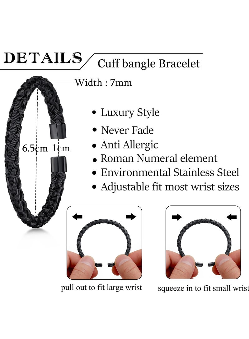 3PCS Stainless Steel Bracelet Set for Men, Includes Roman Numeral Bangle, Twisted Cable, Adjustable Cuff, Durable, Hypoallergenic, Ideal for Gifting,  for Formal and Casual Outfits (Black-Hook)  - Image 5