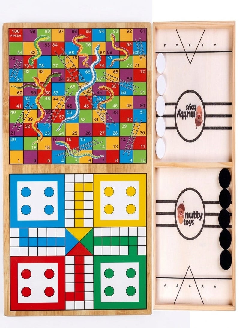 3 in 1 Wooden Table Game Ladder, Snake, Ludo and Hockey Multi Shape - Image 1