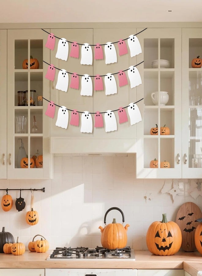 Olanrun Cute Halloween Decorations Indoor, Pink White Hanging Ghosts Banners Halloween Decor 3 Pack Pre-Assembled, Ghost Garland Banner Decor for Party Home Room Wall Mantel Bedroom Office Classroom - Image 5